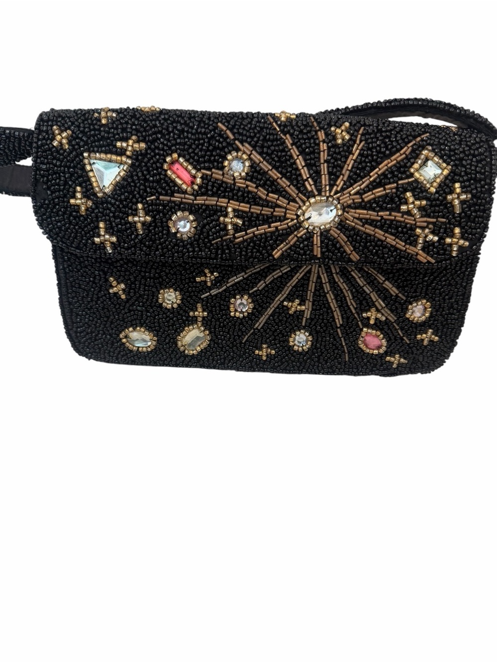 Beaded Black Evening Crossbody Bag with Gold Starburst Embellishments